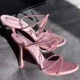 MQTIME  -  Rhinestone Hollow Sandals Temperament Loop Trip Cross Strap High Heels Open Toe Buckle Stiletto Single Shoes