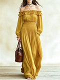 MQTIME  -  Women Off‑Shoulder Ruffle Maxi Dress Long Lantern Sleeve Smocked Waist Bohemian Flowy Long Dress Casual Beach Vacation Sundress