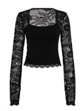  MQTIME  -  Y2k Autumn Square Collar Long Sleeve Solid Slim Sexy Patchwork Basic Women's T-shirts