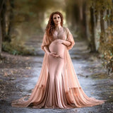 MQTIME  -  Champagne Mermaid Prom Dresses Lace Long Sleeves Pregnant Women Maternity Robes Sexy Tiered Sweep Train Baby Shower Party Gowns