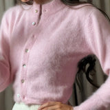 MQTIME  -  Women's Casual Fuzzy Knit Cardigan Sweater Crew Neck Long Sleeve Button Front Cropped Mohair Soft Warm Winter Outerwear