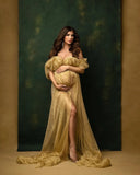 MQTIME  -  Shining Gold Tulle Maternity Gown for Photoshoot Off Shoulder Sweetheart Pregnancy Robes for Baby Shower Photography Gown