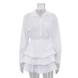 MQTIME  -  White Shirt and Cake Skirt Set for Women Set with Turn Down Collar Long - Sleeve Design Shirt and High Waisted Short Skirt