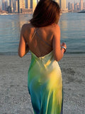 MQTIME  -  Women's Summer Boho Cami Long Dress Gradient Color Spaghetti Strap V-Neck Backless Beachwear Party Maxi Sundress