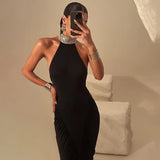 MQTIME  -  Women Elegant Sexy Pleated Bodycon Maxi Party Dress Sequins Turtleneck Halter Backless Front Split Slim Evening Gown Long Robes