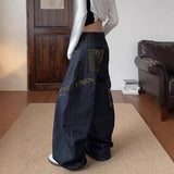  MQTIME  -  Vintage Spliced Leopard Pockets Jeans Loose Wide-Leg Denim Pants Safari Hip Hop Spliced Casual Punk Grunge Trouswers Korea Women