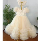 MQTIME  -  Customized Blush Flower Girl Dresses Tulle Flory Aplliques With Bow Short Sleeve For Wedding Birthday Prom Holy Communion Gowns