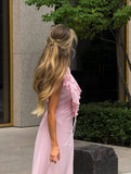  MQTIME  -  Summer New Style Pink Ruffled Lace Up Slim Fit Sleeveless Long Dress