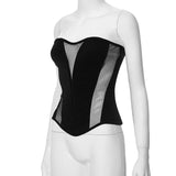 MQTIME  - Sheer Mesh Patchwork Strapless Corset Crop Tops Women Sexy Backless Grommet Bandage Slim Fit Tanks Fashion Casual Vests Outfits