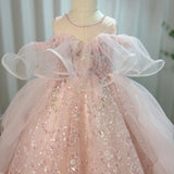 MQTIME  -  Sparkly Arabic Pink Girl Dress Beaded Pearls Dubai Kids Princess Birthday Wedding Party Ball Formal Gown 2024 J047