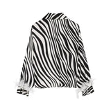 MQTIME  -  Fashion Minimal Zebra Print Leisure Blouse Classic V Neck Fluffy White Feather Cuffs Top Women Autumn City Casual Walk Blouse