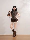  MQTIME  -  Vintage Preppy Stand Neck Short Sleeve Single Breasted Plaid Y2k Women Shirt