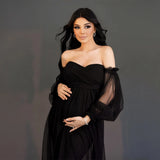 MQTIME  -  Women's Maternity Sweetheart Puff Sleeve Baby Shower Dress for Photoshoot Pregnant Tull Photography Party Gown