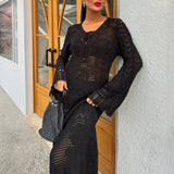 MQTIME  -  Spring Summer V Neck Lace Up Hollow Knitted Dress Sexy Beach Slim Cover Up Maxi Dress Women's Casual Long Sleeved Holiday Dress