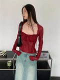 MQTIME - Burgundy Mesh Tops Long Sleeve Lace Up Square Collar T Shirt Women Crop Top Spring Summer Grunge Y2k  Chic Tops Streetwear
