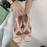 MQTIME  -  Women's Elegant Pink Satin Ballet Shoes Square Toe Cross Strap Polka Dot Bow Mary Jane Shoes Inside Mid Heel Casual Pumps