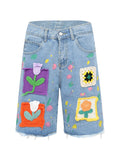 MQTIME  -   Knitted Floral Denim Short Pants Female Summer New Loose Casual Pants Tassel Design Vintage Fashion Short Para Mujeres