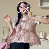 MQTIME  -  Polka Dot Gauze Tops Lace Bow Design Waistcoat White Short-sleeved T-shirt Fold Wear Tees Summer Sweet Fashion Camisas