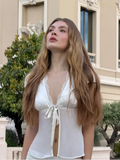 MQTIME  -  Women White Lace Trim Front Tie Satin Blouse Y2k Deep V Neck Cap Short Sleeve Shirt Ladies Daily Holiday Party Fashion Top
