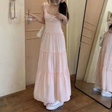 MQTIME  - Pink Cute Fairycore Midi Dresse Sweet Ruffle Casual Elegant Chic Beach Long Spaghetti Strap Button Holiday Gentle Dress