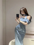 MQTIME  -  Satin Halter Sleeveless Transparent Slip Solid Zip Up Elegant Sexy Maxi Prom Dress Summer Women Wedding Party Vestido Outfit