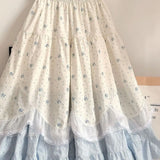 MQTIME  -   Ancient mixed skirt women's French sweet ins wind lace splicing floral elastic waist ruffle edge A-shaped long dress