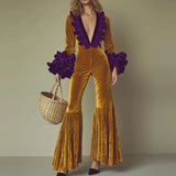 MQTIME  -  Women Elegant Petal Sleeves Ruffles Long Rompers Fashion Color Clashing Slim Playsuits Sexy Deep V-neck Velvet Flared Jumpsuits