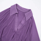  MQTIME  -  See Through Mesh 2 Piece Set Women Turn Down Collar Long Sleeve Asymmetrical Bubble Shirt Crop Tops + Bodycon Mini Skirts Suits