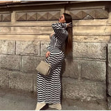 MQTIME  -  Women Fashion V Neck Dress High Waist Long Sleeve Wavy Striped  Sexy Slim Bodycon Dresses Commuting Casual Banquet gowns