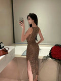 MQTIME  -  Summer Women Sequined Tank Dress New Sexy V Neck Sleeveless Printed Slim Fit Bodycon Evening Party Long Dress Robe