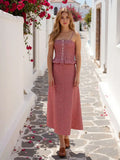  MQTIME  -  Women Elegant Red Plaid Skrit Sets Short Sling Top Camis High Waist Midi Skirts Summer Casual Holiday Beach Outfits