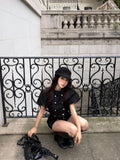 MQTIME  -  French Y2K 2 Piece Set Women Black Double Breasted Puff Sleeve Crop Top Low-Rise Mini Shorts Daily Slim Fit Party Outfit
