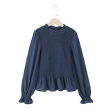 MQTIME  -  Women's Fold Design Unique Blouse Spring Autumn Female Stand Up Collar Long Sleeve Shirt Tops Fashion Casual Elegant Lady Blouse