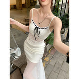  MQTIME  -  Bowknot-tied Lace Camisole with Net Yarn Patchwork and a Body-hugging Half Long Skirt