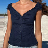 MQTIME  -  Women T-shirt Preppy Button Down Blouse Tops Y2k Vintage Cap Sleeve 00s Aesthetic Fairy Frill V Neck Crop Tops Milkmaid Vest