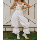 MQTIME  -  Women Y2k Vintage Ruffle Hem Lantern Long Pants Loose Solid Big Bow Tied Back High Waist Bloomers for Daily Party