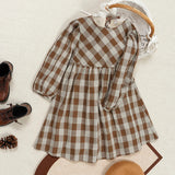  MQTIME  -  Vintage Brown Plaid Girls' Bubble Sleeved Dress Summer New Cute Baby Girl Round Neck Waist Pleated Loose Dresses