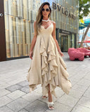 MQTIME  -  New 2024 Casual Tassels Women Dresses Strap V Neck Elegent Long Dress High Street Irregular Skirt Fashion Dress Famle Clothing