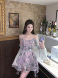 Mqtime Women Elegant Summer Sweet Purple Floral Print Mini Dress Female Ruffle Sleeveless Chiffon Beach Dress Y2k Slim Dress