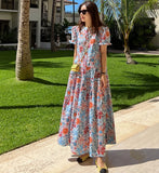 MQTIME  -  Korean Style Summer Female Floral Dress Sweet Puff Sleeve V-neck Button Fly Fashion Printed Women's Long Dress Ruffles Patchwork