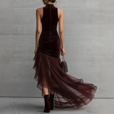 MQTIME  -  Seasonal Hot Selling Velvet High Neck Sleeveless Slim Fit Irregular Hem Chiffon Trailing Dress