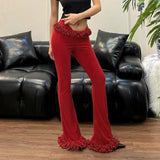 MQTIME  - Women Ruffles Slim Flare Pants Elastic Waist Fashion All Match Boot Cut Trousers Summer Casual Streetwear Bottoms