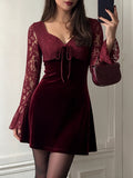 MQTIME  -  Sweet Solid Long Sleeved Slim Dress Luxury Velvet Tied Waist Cinch A-Line Dress Elegant Square Collar Lace Splice Evening Dress