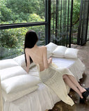 MQTIME  -  Knitted Cover Up Beach Elegant Solid Sexy See Through Bodycon Maxi Dress Flared Long Sleeves Bikinis Cover-ups For Women