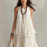 MQTIME  -  Sleeveless Tiered Ruffle Maxi Dress Round Neck Crinkle Flowy Loose Bohemian Casual Layered Swing Dress for Summer Women