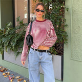 MQTIME  -  Fall Women's Stripe Loose Casual T-shirt O-Neck Long Sleeve Contrast Color Patchwork Straight Fit Top Fashion Streetwear
