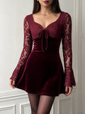 MQTIME  -  Sweet Solid Long Sleeved Slim Dress Luxury Velvet Tied Waist Cinch A-Line Dress Elegant Square Collar Lace Splice Evening Dress