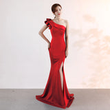 MQTIME  -  Women One Shoulder Evening Dress Solid Color Summer Ruffles Maxi Dresses Sexy Slash Neck Party Long Dress Elegant Streetwear