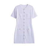 MQTIME  -  Elegant Knitted Short Dresses Women Solid Single Breasted Mini Dress Short Sleeve Pocket Slim Hip Vestidos 2025 Lady Fashion New