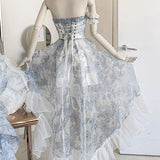 MQTIME  - Blue Floral Strapless Dress Women's Holiday Vintage
